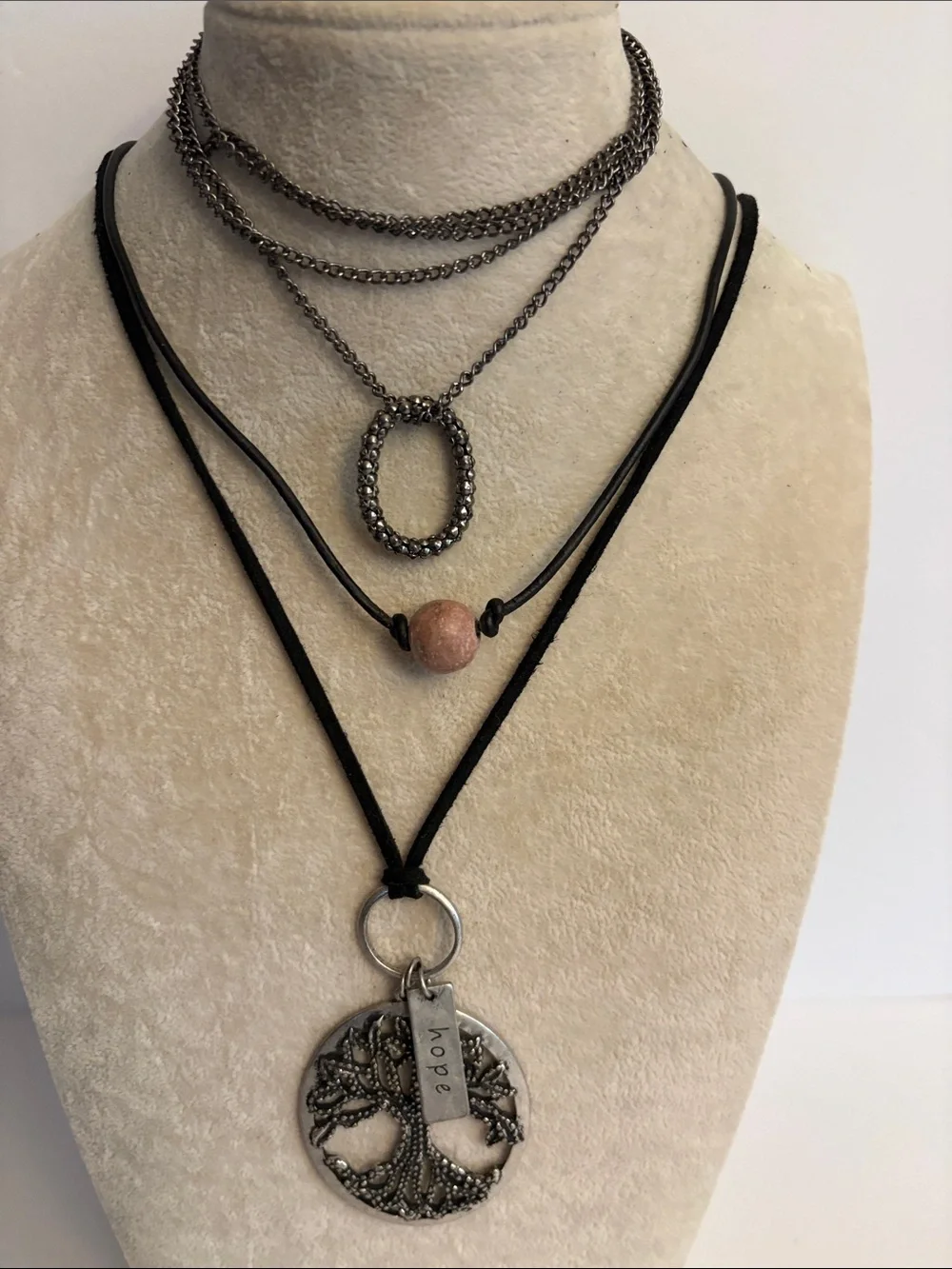 Boho Bundle of 3 Black Cord and Gunmetal Tree of Life Necklace with Pink Accent - Picture 1 of 10